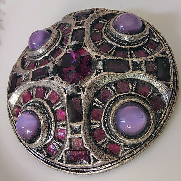 Vtg Rare Metal Miracle Britain Celtic Brooch Pendant Purple Glass Stones - Picture 3 of 7